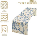 Chinoiserie Flowers Table Runner, Seasonal Spring Fall Plants Blue Florals Birds Dinner Runner for Home Kitchen Dining Table Party Holiday Decoration 13"x36"