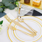 350 Pieces White and Gold Plastic Plates - 50 Guest Thanksgiving Dinnerware Set Include 100 Plates, 50 Plastic Silverware, 50 Napkins and 50 Cups for Thanksgiving