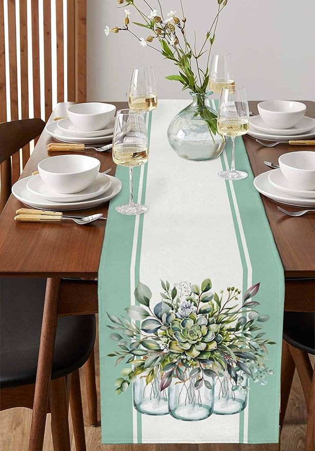 Eucalyptus Cotton Linen Table Runner for Dining Kitchen, Wedding Outdoor Party Tablerunners Decoration, Green Leaves Botanical Plants Watercolor Dresser Scarf Coffee Tablecloth Runners 13x36 Inches