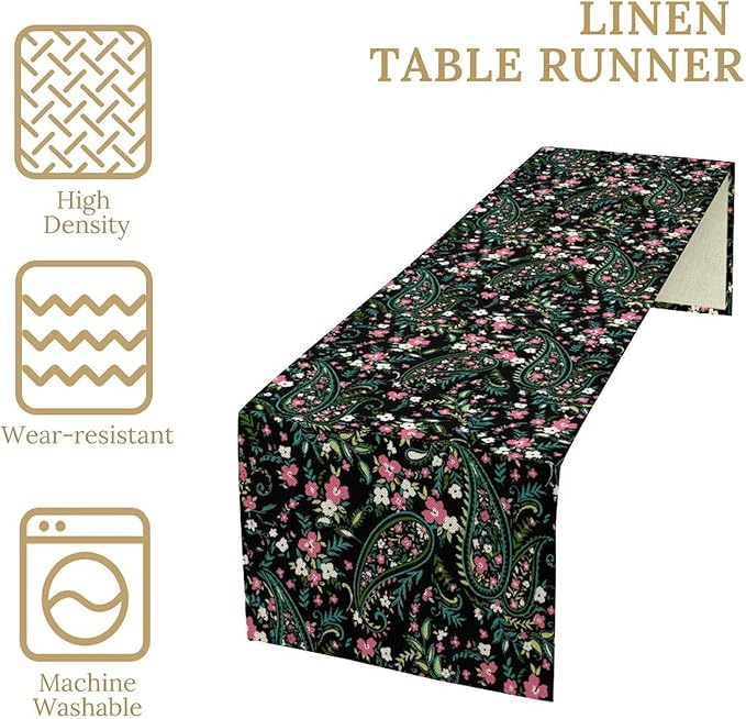 Paisley Table Runner, Abstract Vintage Boho Pink Paisley Flowers Green Teal Leaves Print Table Runner for Dinning Holiday Party Indoor Outdoor Decor, 13x60inch