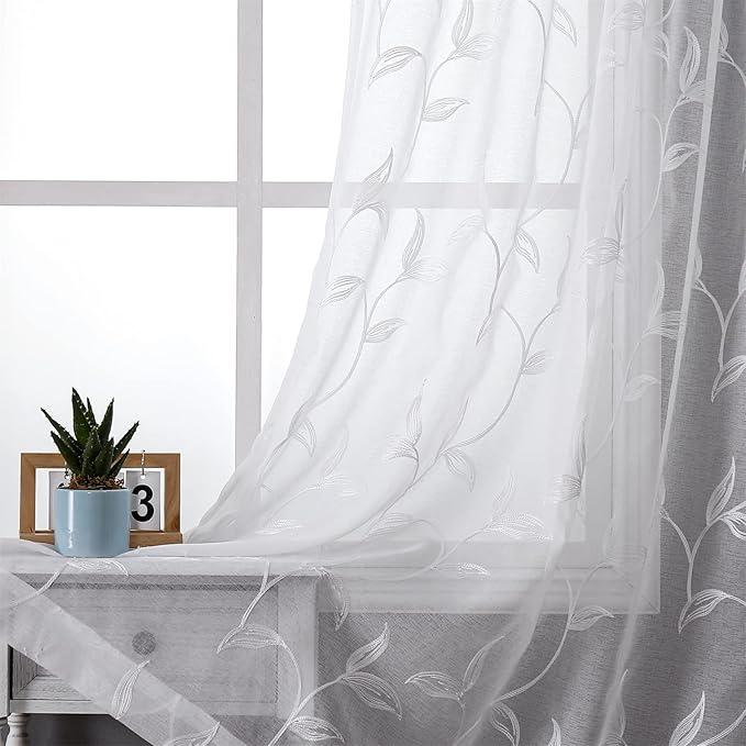VISIONTEX White Sheer Voile Curtains, Decorative White Embroidery Faux Linen Rod Pocket Window Drapes for Home Kitchen, Living Room and Bedroom 54 x 63 Inch, Set of 2 Curtain Panels