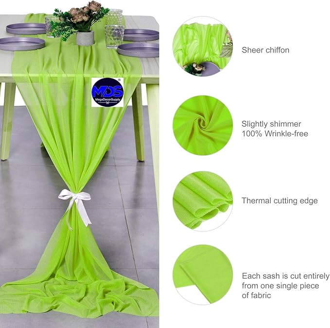 MDS 5 Pack 10ft Chiffon Table Runner 29 x 120 Inches Sheer Wedding Runner Romantic Rustic Table Runner for Wedding Decorations, Birthday Parties, Bridal Shower Party Arch Decor - Parrot Green