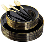150pcs Black Plastic Plates, Black and Gold Plates,Gold Plastic Silverware,Black and Gold Dinnerware Set,Premiun Taleware,Perfect for Birthday,Party,Wedding,Anniversary