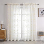 VISIONTEX Sheer Curtains 120 inch Length 2 Panels Set, White Voile Crushed Cream Vine Leaves Embroidery, Rod Pocket Embroidered Window Drapes for Living Room and Bedroom, 54" x 120"