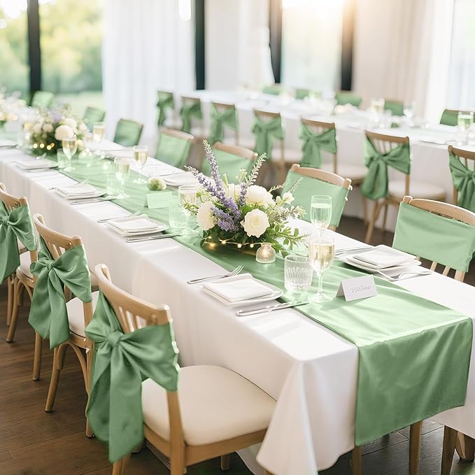 2 Pack Sage Green Satin Table Runner 12x108 Inches Long, Bright Silky Smooth Satin Table Runner Table Decor for Wedding Banquet Christmas Prom Event Birthday Party