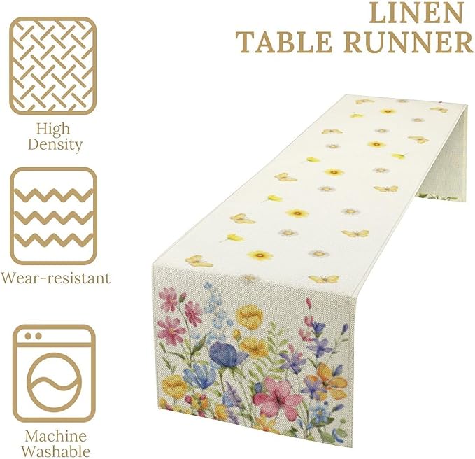 Flower Table Runner, Colorful Watercolor Pink Flower Plants Nature Butterfly Table Runner for Kitchen Dinner Living Room Home Party, 13x36 Inch