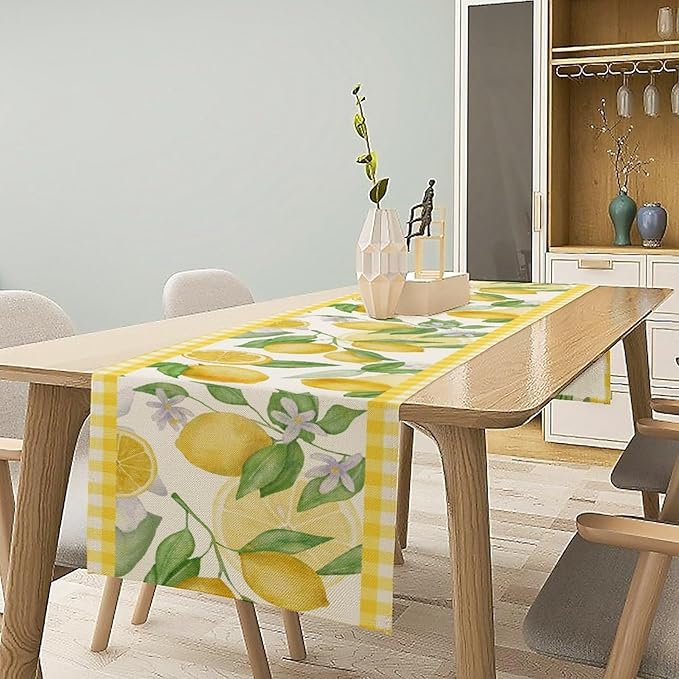 Lemon Table Runner,Yellow White Buffalo Plaid Summer Table Runner for Kitchen Dining Table Home Party Decoration 13x120 Inch