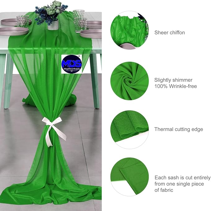 MDS 5 Pack 10ft Chiffon Table Runner 29 x 120 Inches Sheer Wedding Runner Romantic Rustic Table Runner for Wedding Decorations, Birthday Parties, Bridal Shower Party Arch Decor - Green
