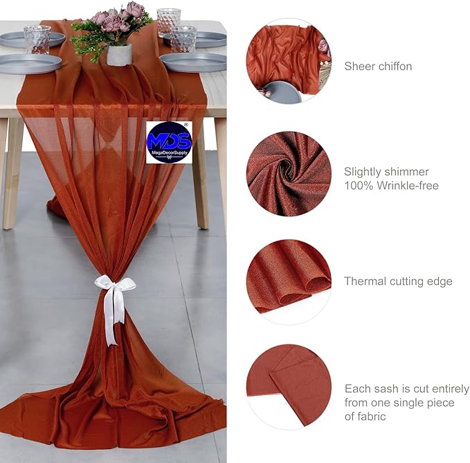 MDS Halloween Chiffon Table Runner - 15 Pack, 29 x 170 Inches, 14ft Each - Sheer Spooky Table Runners for Haunted House Parties, Trick-or-Treat Tables, Witchy Décor, Wedding & Events - Terracotta