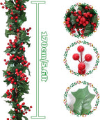 Uguisu 2pcs 5.6ft Red Artificial Christmas Garland,Eucalyptus Green Garland with Berry Flower Clusters,Artificial Vines for Fireplaces,Dining Tables,Christmas Parties