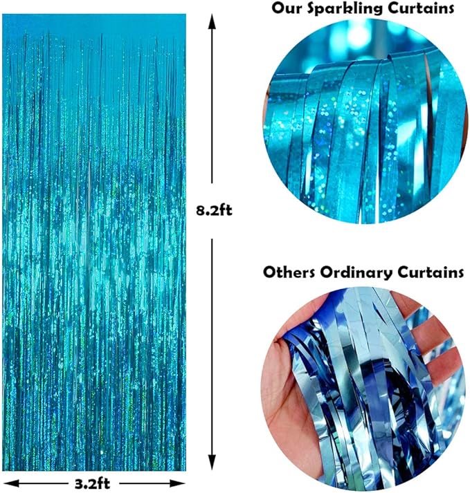 Melsan 2 Pack 3.2 ft x 8.2 ft Teal Tinsel Foil Fringe Curtains Backdrop, Sparkle Metallic Foil Curtains for Frozen/Mermaid/Under Sea Birthday Party Decoration