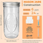 CycleMore 6 Pack Wide Mouth Mason Jars with Airtight Lids and Bands, 24 Oz Canning Glass Jars, Glass Canister for Canning, Fermenting, Pickling, Meal Prep, Overnight Oats, Jam, Jelly