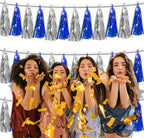 3P Navy-Blue Silver Metallic Fringe Tassel Banner Garland Foil Tinsel Streamer Wall Hanging Curtain Backdrop Banner for Parade Floats, Graduation Bridal/Baby Shower Retirement Party Decorations