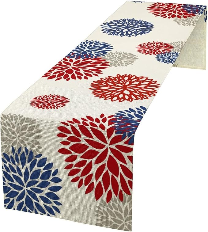 4th of July Table Runner, Blue Red Dahlia Flower American Patriotic Memorial Day Table Runner for Farmhouse Kitchen Dining Table Party Decor, 13x70inch