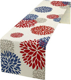 4th of July Table Runner, Blue Red Dahlia Flower American Patriotic Memorial Day Table Runner for Farmhouse Kitchen Dining Table Party Decor, 13x90inch