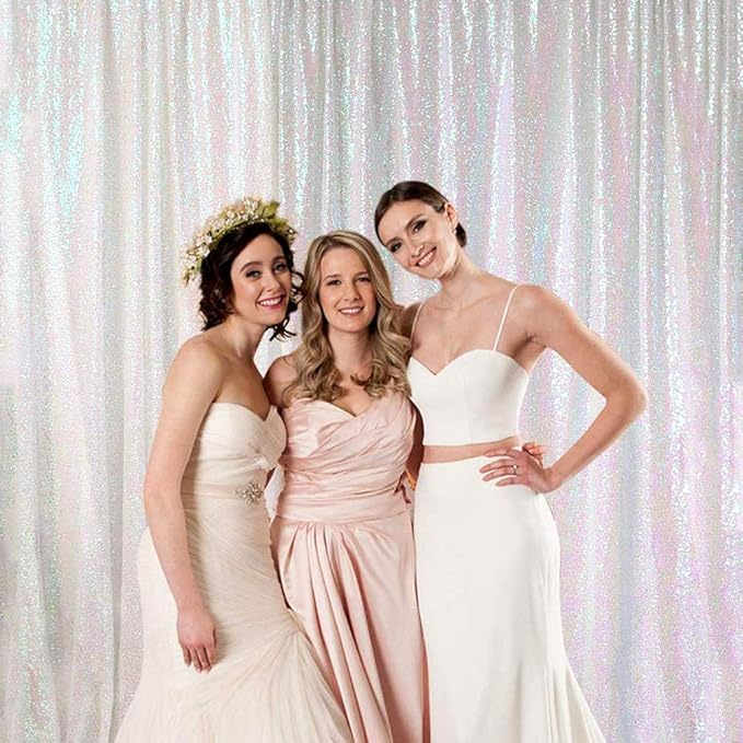 JYFLZQ White Iridescent Sequin Backdrop Curtains 6ft x 8ft 1 Panel Glitter Photo Booth Backdrops Sparkly Photography Background Drapes for Parties Wedding Bridal Showers
