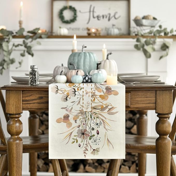 Artoid Mode Wildflower Leaves Floral Fall Table Runner, Autumn Thanksgiving Kitchen Dining Table Decoration for Indoor Outdoor Home Party 13x36 Inch