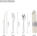 100 Pack Pre Rolled Silver Plastic Silverware Set with Napkins,Disposable Wrapped Heavy Duty Cutlery Set for Wedding Birthday Party-100 Forks,Knives,Spoon,Utensils Set,Plasticware Bulk