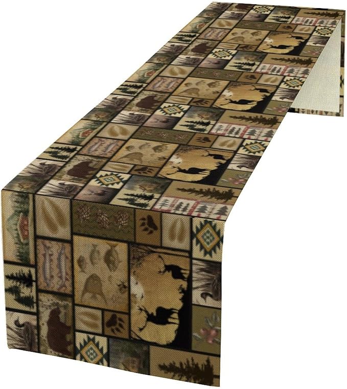 Vintage Deer Bear Table Runner, Fish Retro Farmhouse Cabin Lake Country Lodge Table Runner for Home Dinner Kitchen Living Room, 13x120 Inch