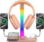 Headphone Stand with Wireless Charger,Gaming HeadsetStand with RGB Light Mode,Airpod MaxStand Compatible with Airpod Pro/3/2,iPhone 16/15/14/13/12/11,Samsung,Gifts for Gamers & Music Lover (Gold)