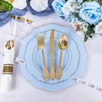 Liacere 350PCS Bule Plastic Plates - Disposable Bule and Gold Plates 50guest Baroque Plastic Dinnerware include 100Plates, 50Pack Pre Rolled Napkins with Silverware 50Cups for Wedding&Mother's Day