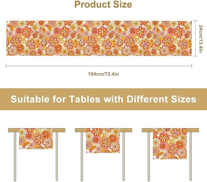 Vintage Floral Table Runner,70s Style Retro Daisies Flower Hippie Table Runner for Kitchen Dining Table Home Party Decoration 13x120 Inch