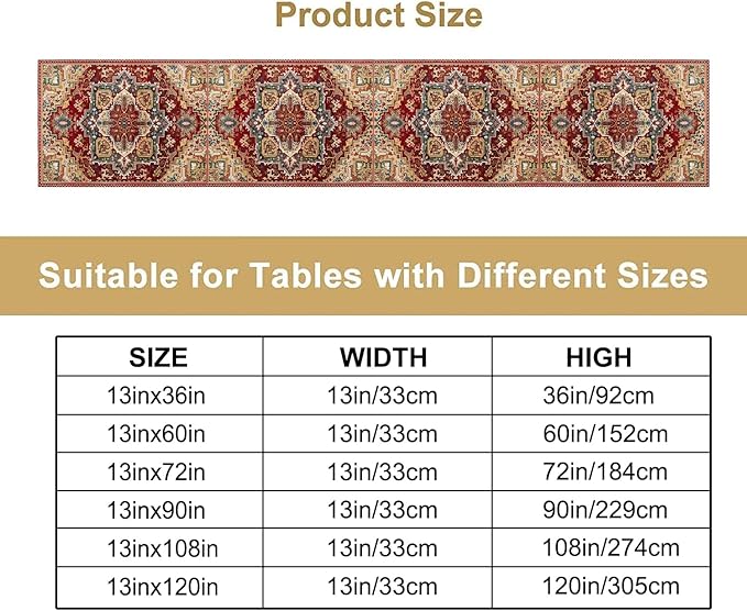 Boho Bohemia Style Table Runner, Vintage Red Brown Retro Flower Rustic Country Style Floral Print Pattern for Home Kitchen Table Decor Dining Coffee Room Garden Party Decor 13x60in