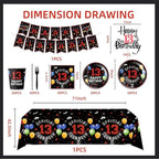 123pcs 13th Red and Black Party Decorations,Happy Birthday Banner Flags Paper,cups Straws Forks Cake Toppers Dessert plates Tablecloths and dinner plates,Officially a Teenager 13th Birthday Supplies