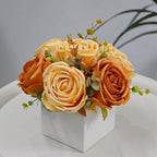 LADADA Artificial Roses in White Ceramic Vase, Orange and Cream Fake Flowers with Eucalyptus Stems, Faux Floral Arrangement for Home Decor, Table Centerpiece for Dining Table, Kitchen, Office