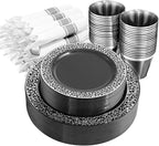 NOCCUR 210PCS Black and Silver Dinnerware Set for 30 Guests - Black Plastic Plates with Silver Rim Include 30 Dinner / 30 Dessert Plates, 30 Prewrapped Silverware, 30 Cups Ideal for Party, Halloween