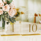 Arch Wedding Table Numbers 1-10 with Stands, Elegant Gold Number 5.5 x 7” Arch Acrylic Signs with Holders, Clear Acrylic Table Numbers for Wedding Reception, Anniversary, Party, Events