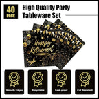 40pcs Happy Retirement Party Supplies Decorations Set, Black Gold Happy Retirement Plates and Napkins for Men and Women, Suitable for 20 Guests