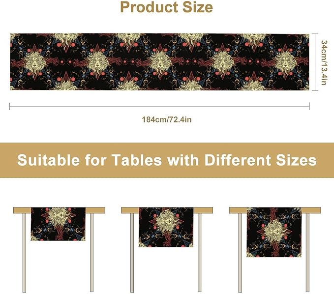 Boho Moon Lion Table Runner, Chinese Fish Phase of The Moon Sun Moon Table Runner for Kitchen Dining Table Home Party,13x108 Inch Black Red