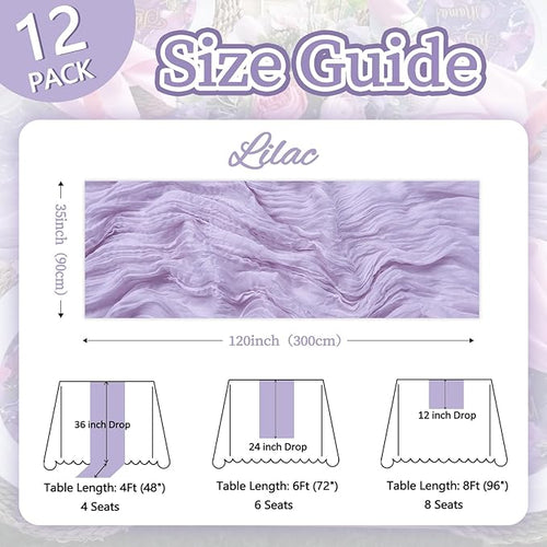 12 Pack Lilac Purple Cheesecloth Table Runner 10ft Boho Gauze Fabric Cheese Cloth Table Runner 35 x 120 Inch Rustic Sheer for Romantic Wedding Decor Baby Shower Party Table Centerpiece Decoration
