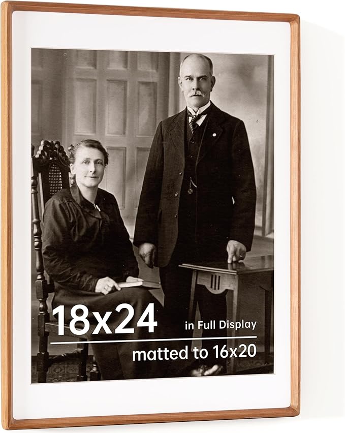 18x24 Picture Frame USA-Sourced Natural Cherry Wood Solid Original Wood Photo Frame Rounded Corner with Mat to 16x20 Picture Display with Real Glass Family Picture, Wedding Picture, Photo, Certificate