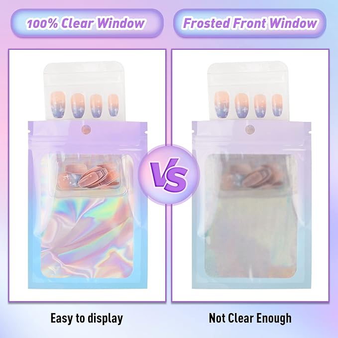 Funfery 100 Pack Gradient Holographic Bags,2.7×3.9In Mylar Resealable Bags with Zipper,Clear Window Packaging Pouch,Smell Proof Foil Bag for Food Storage,Sample Jewelry Baggies(Purple Blue)