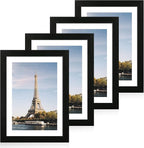 10x14 Picture Frame Set of 4 with Tempered Glass, Black Frame Display 8x12 Picture with Mat or 10 x 14 Without Mat, Rustic Wood Photo Frames for Horizontal or Vertical Wall Mounting