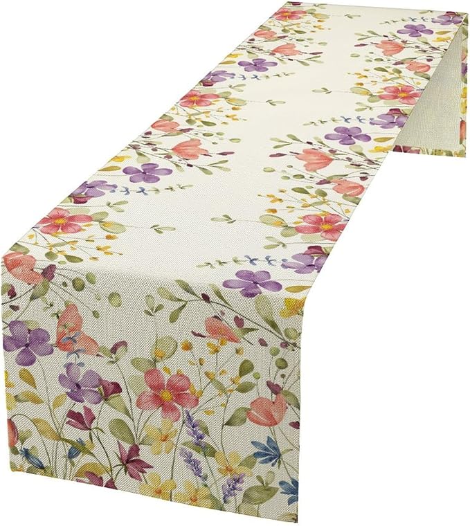 Floral Table Runner,Flowers Plant Print Spring Table Runner for Kitchen Dining Table Decoration for Home Party Decor 13x90 Inch