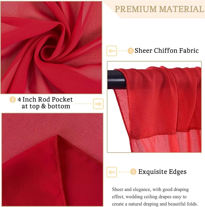 MODFUNS Red Ceiling Drapes for Parties Wedding Ceiling Drapery 2 Panels 5x20FT Chiffon Curtain for Backdrop Wedding Arch Draping Fabric for Ceremony Arbor Ceiling Curtains for Hall Stage Decorations