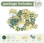 Sage Green 60th Happy Birthday Confetti, 60th Birthday Table Decorations Scatter Green Gold Foil Cake Confetti Decorations for 60 Bday Woman Men Party Decor 230 Pcs