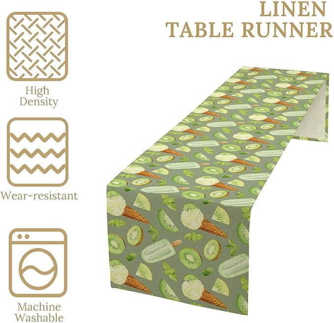 Summer Ice Cream Popsicles Table Runner, Watercolor Green Kiwi Seasonal Fruit Sweet Dessert Dinner Runner for Party Holiday Home Kitchen Dining Table Decor 13"x108"