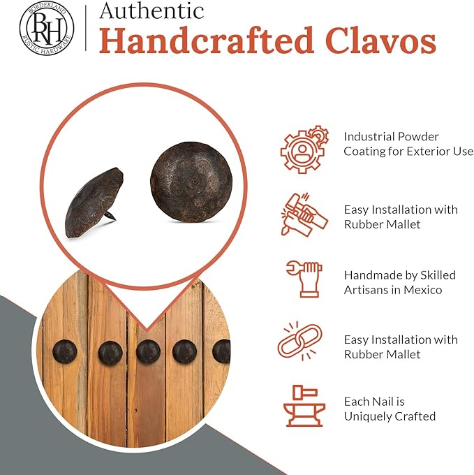 10 Pack 2" Round Head Iron Clavos Decorative Nails – Unfinished – Handmade Rustic Round Fasteners for Farmhouse Shutters, Faux Wood Beams, Barn Doors, Shutters, Gates – Ornamental Wood Accent