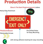 (2Pack) Photoluminescent Emergency Exit Sign Red, Glow In The Dark Aluminum Exit Sign - Adhesive Backing - 4pcs Removable Arrows Included - 14.25 x 7.5 Inches - Non Electrical Exit