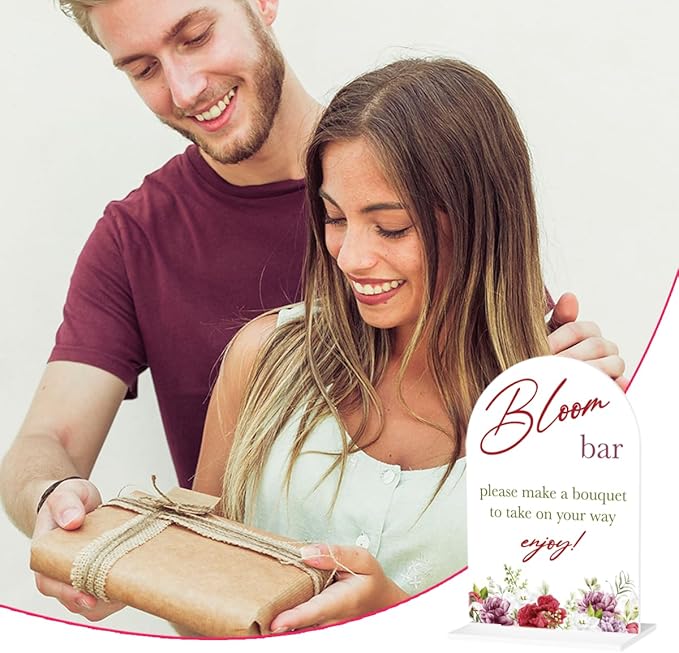 Bloom Flower Bar Sign for Wedding Bridal Shower Bouquet Bar Decor Sign Stuff Acrylic Arch Wedding Bridal Shower Baby Shower Welcome Table Signs for Ceremony and Reception 7 x 5 Inches