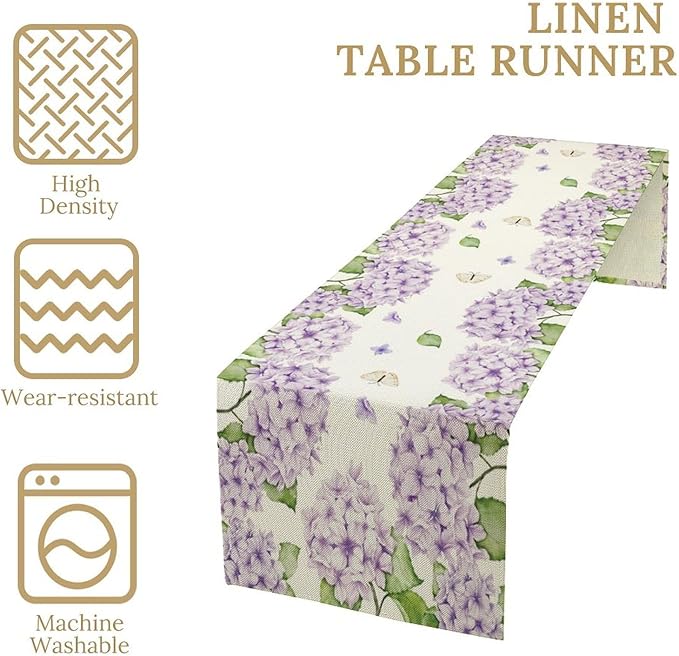 Watercolor Hydrangea Flower Table Runner, Spring Summer Seasonal Plants Butterfly Pink Lavender Dinner Runner for Home Kitchen Dining Table Party Holiday Decoration 13"x36"