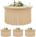 4 Pack Champagne Spandex Round Tablecloths for 60inch Tables,120inch Stretch Fitted 5ft Table Cloth,Wrinkle Free Rund Table Covers with Skirt for Banquet Wedding Birthday Parties