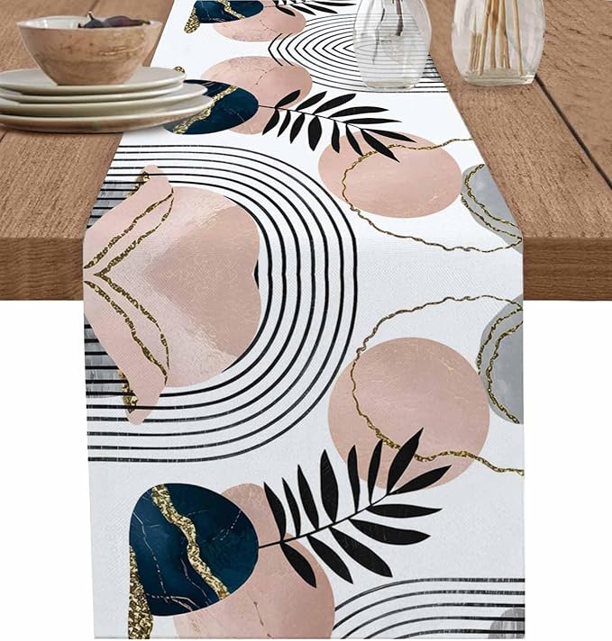 Modern Boho Cotton Linen Table Runner for Dining Kitchen, Wedding Outdoor Party Tablerunners Decoration, Abstract Bohemian Tropical Palm Leaf Dresser Scarf Coffee Tablecloth Runners 13x36 Inches