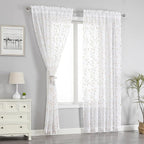 VISIONTEX White Sheer Voile Curtains, Decorative Orange Leaves Embroidery Faux Linen Rod Pocket Window Drapes for Home Kitchen, Living Room and Bedroom 54 x 72 Inch, Set of 2 Curtain Panels