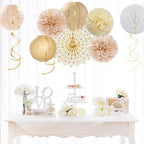 Beige-Champagne Gold White-Peach Boho Party-Decorations - 20pcs Neutral Baby Shower Rustic Wedding Paper Lanterns Fans,Tissue Pom Poms,Honeycomb Balls,Bunting,Birthday Bridal Decor Burgleda