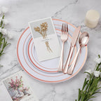 BESTVIP 600PCS Plastic Dinnerware Set (100 Guests), Rose Gold Disposable Plates for Party, Wedding, Christmas, Anniversary, Includes: Dinner Plates, Dessert Plates, Cups, Spoons, Forks and Knives